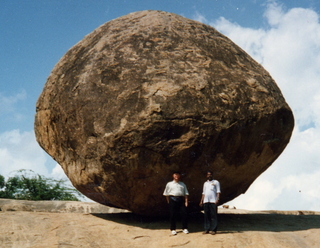 16 35o. Satish-Geeta wedding in Madras, India - Adam and Mr. Punraj near big rock in Mahabalipuram