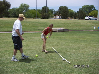 Sally Wright mowing the lawn