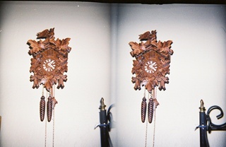 stereo-3D L+R parallel-eye Loreo -- cuckoo clock from the Birds