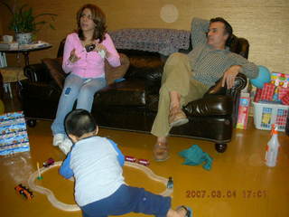 358 634. Gaby's fourth birthday -- Jenny, Gaby, trains, Betsy