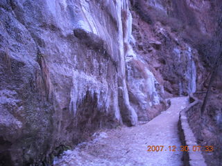 30 6cw. Zion National Park - low-light, pre-dawn Virgin River walk - ice on trail