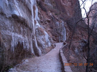 32 6cw. Zion National Park - low-light, pre-dawn Virgin River walk - ice on trail