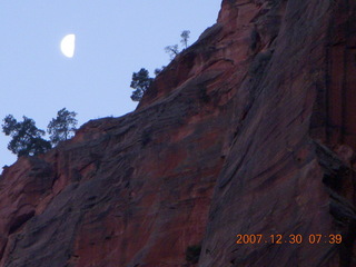 41 6cw. Zion National Park - low-light, pre-dawn Virgin River walk - moon