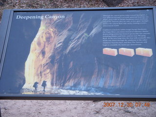 Zion National Park - low-light, pre-dawn Virgin River walk - 'Deepening Canyon' sign