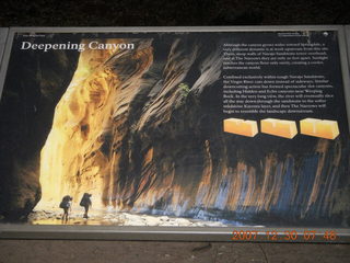 49 6cw. Zion National Park - low-light, pre-dawn Virgin River walk - 'Deepening Canyon' sign with flash