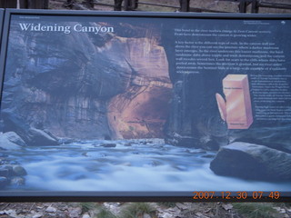 51 6cw. Zion National Park - low-light, pre-dawn Virgin River walk - 'Widening Canyon' sign