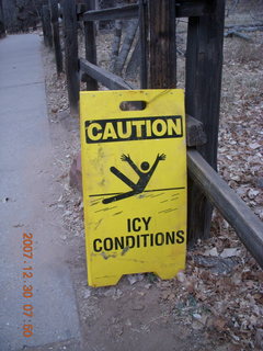 Zion National Park - low-light, pre-dawn Virgin River walk - ICY CONDITIONS sign