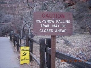 Zion National Park - low-light, pre-dawn Virgin River walk - ice/snow warning signs