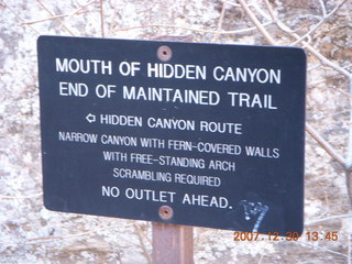 Zion National Park- Hidden Canyon hike - end of maintained trail sign