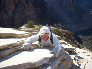 784 6cx. Zion National Park - sunrise Angels Landing hike - Adam hanging on