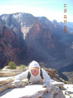 785 6cx. Zion National Park - sunrise Angels Landing hike - Adam hanging on