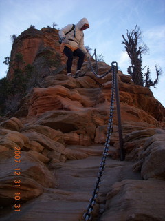 786 6cx. Zion National Park - sunrise Angels Landing hike - Adam climbing down chains