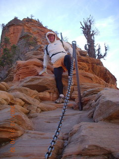 788 6cx. Zion National Park - sunrise Angels Landing hike - Adam climbing down chains