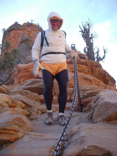 789 6cx. Zion National Park - sunrise Angels Landing hike - Adam climbing down chains