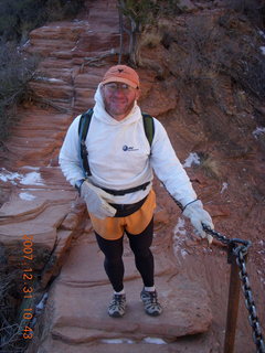 791 6cx. Zion National Park - sunrise Angels Landing hike - Adam climbing down chains