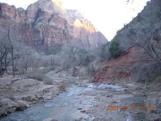 Zion National Park - low-light, pre-dawn Virgin River walk - ICY CONDITIONS sign