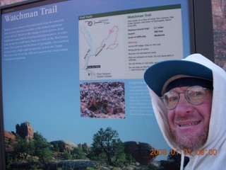 794 6d1. Zion National Park - sunrise Watchman hike - sign and Adam in hood
