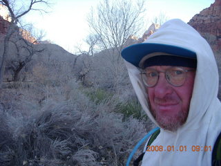 798 6d1. Zion National Park - sunrise Watchman hike - Adam in hood