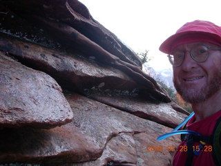 813 6eu. Zion National Park - Angels Landing hike - Adam on scary part with chains