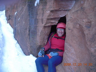 958 6ql. Zion National Park - Angels Landing hike - Adam in rock in Refrigerator Canyon