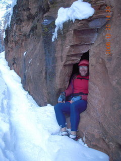 959 6ql. Zion National Park - Angels Landing hike - Adam in rock in Refrigerator Canyon