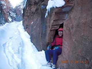 960 6ql. Zion National Park - Angels Landing hike - Adam in rock in Refrigerator Canyon
