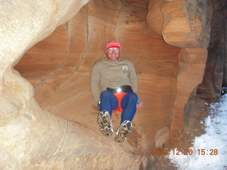 964 6ql. Zion National Park - Angels Landing hike- Adam in rock in Refrigerator Canyon with crampon bottoms