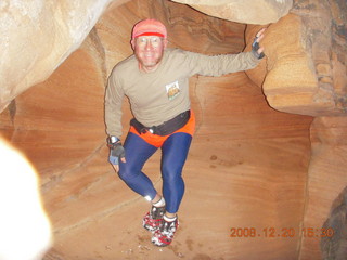 965 6ql. Zion National Park - Angels Landing hike- Adam in rock in Refrigerator Canyon