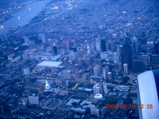 aerial - Philadelphia skyline at cloudy dawn