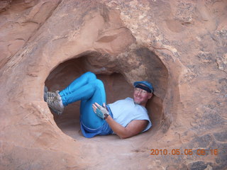 1215 775. Arches National Park - Devil's Garden and Dark Angel hike - Adam in hole in the rock