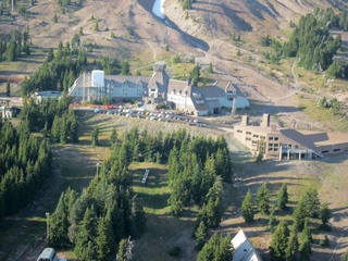 aerial - Oregon - Mount Hood - Overlook Hotel from The Shining