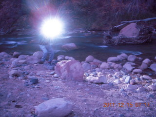Zion National Park - pre-dawn Riverwalk - Gokce taking a picture on the Virgin River`