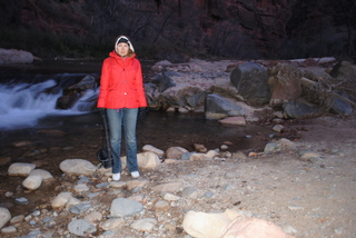 Zion National Park - pre-dawn Riverwalk - Gokce taking a picture on the Virgin River`