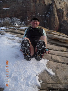 1767 7sf. Zion National Park - Angels Landing hike - summit - Adam wearing crampons