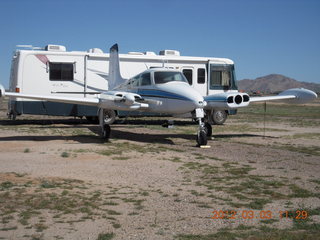 twin-engine airplane in bad shape at Cactus fly-in