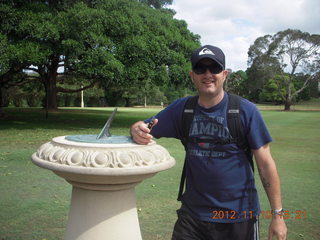 Sydney Harbour gardens - sundial and Tony
