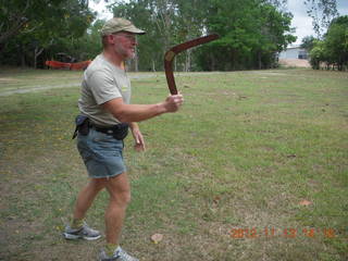 119 83d. Tjapukai Aboriginal Cultural Park - Adam throwing a boomerang