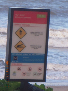 455 83f. bus ride along the coast - jellyfish 'stingers' and crocodiles warning sign
