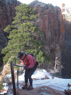 1930 84p. Zion National Park - Angels Landing hike - Adam using chains