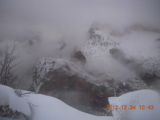 127 84q. Zion National Park - cloudy, foggy Observation Point hike - view of Angels Landing