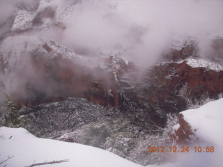 149 84q. Zion National Park - cloudy, foggy Observation Point hike - view of Angels Landing from the top