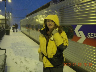 467 85r. Betsy next to train in snow