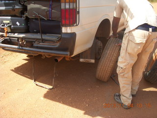 Uganda - drive to chimpanzee park - fixing a flat tire