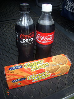 33 8f7. Uganda - drive back to Kampala - Coke Zero, Coca Cola (with sugar), and ginger snaps