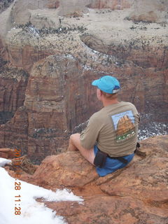 2172 8gu. Zion National Park - Cable Mountain hike end view - Adam - Angels Landing + shirt