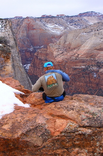 2206 8gu. Zion National Park - Cable Mountain hike end view - Adam - Angels Landing + shirt