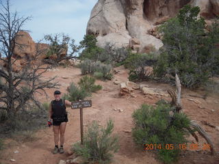 2319 8mg. Arches National Park - Devil's Garden hike - Adam and Dark Angel sign