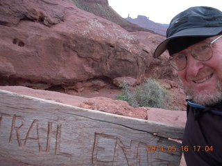 340 8mg. Fisher Tower hike - Trail Ends sign and Adam