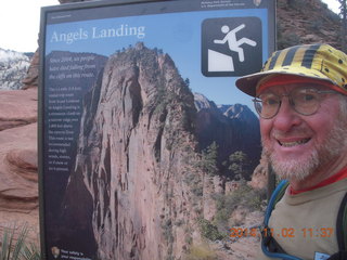 2482 8t2. Zion National Park Angels Landing hike - scary sign and Adam
