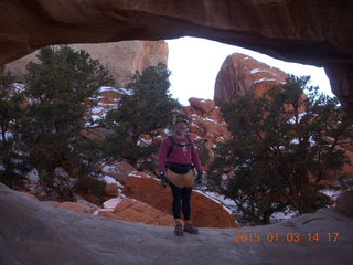 2561 8v3. Arches National Park - Devils Garden hike - Adam in Double-O Arch
